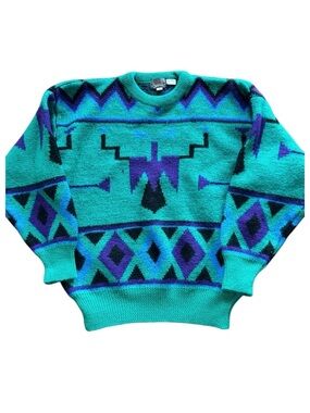 Vintage 90s Wailer Wool Geometric Ski Sweater Teal Purple Abstract Knit M